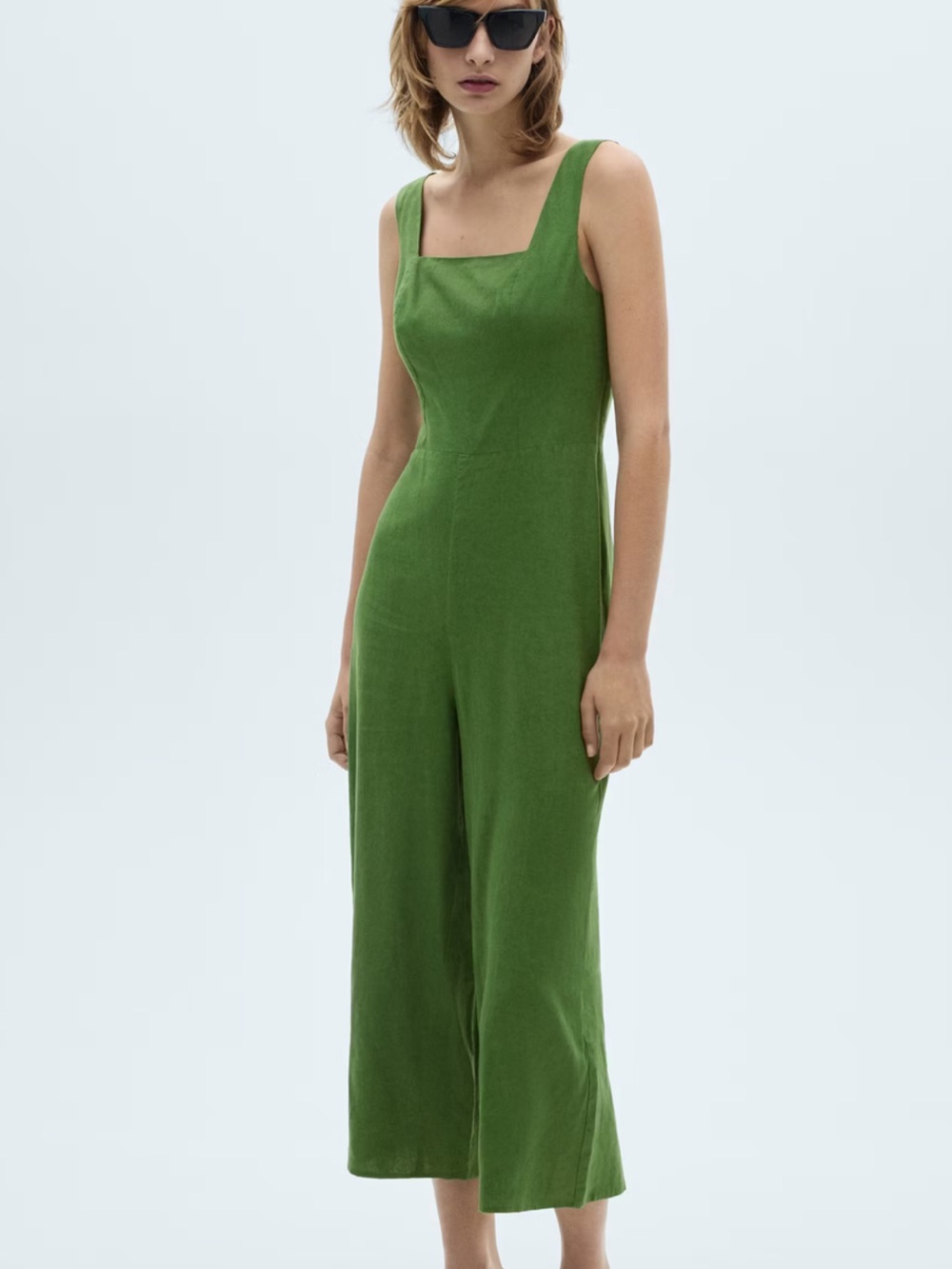 Mango straight- fit linen Olive Green Square-Neck Jumpsuit size XS/2